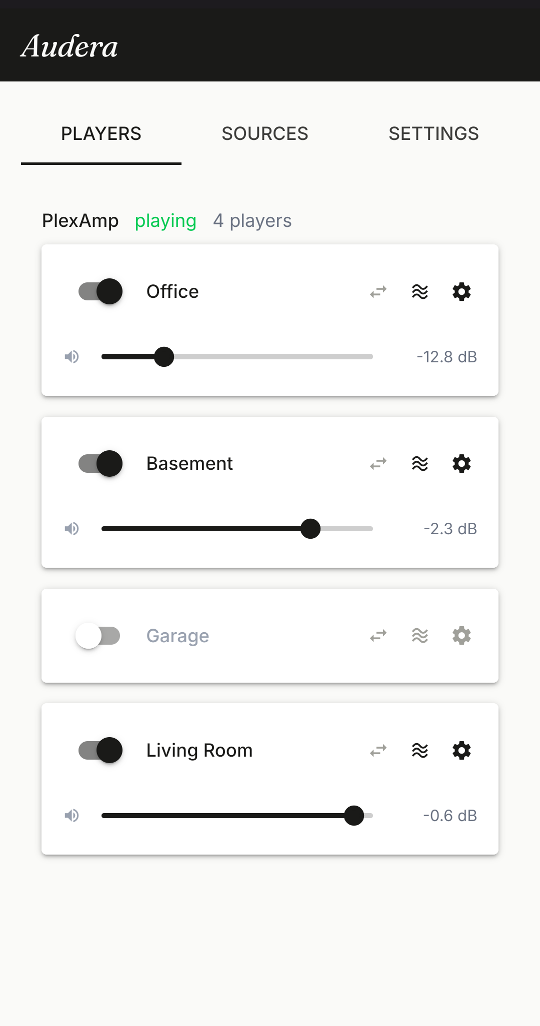 The Audera players screen on a phone: Office, Basement, Garage, and Living Room, all playing the same song in sync.